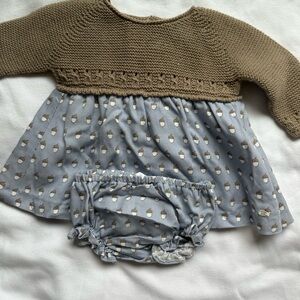 NICOLI Brown Knit Top with Blue Acorn Skirt and Bloomers